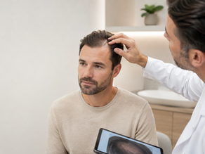 Professional hair loss consultation showing a man’s thinning hairline being assessed before considering a hair transplant.
