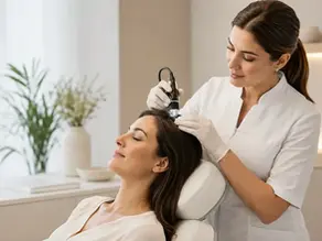 Trichologist performing a non-surgical scalp and hair restoration consultation in a modern clinic setting for hair thinning and scalp health assessment.