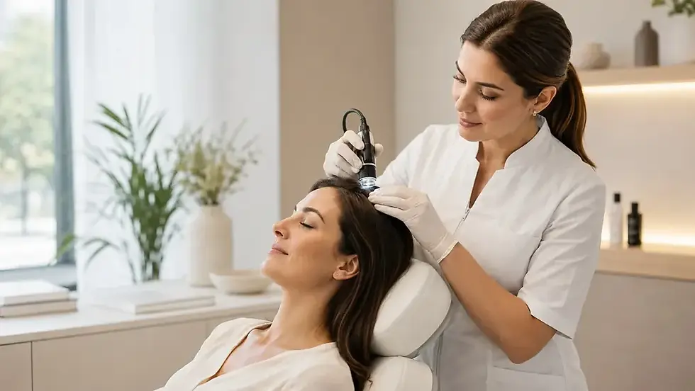 Trichologist performing a non-surgical scalp and hair restoration consultation in a modern clinic setting for hair thinning and scalp health assessment.