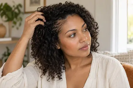 Woman with loose curly hair gently lifting a section near her temple