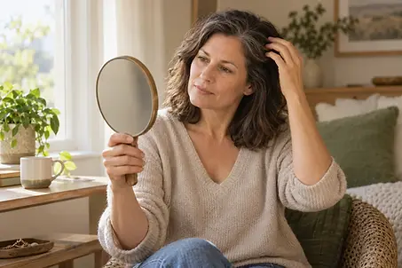 Conceptual scene of a midlife woman considering her hair in a handheld mirror