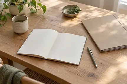 Blank notebook, pen and folder on a desk for consultation preparation