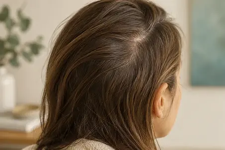 Illustrative close view of a hair part and scalp