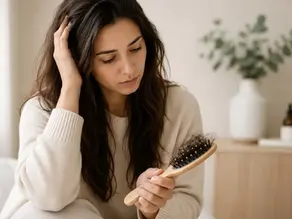 Woman noticing stress-related hair shedding on a brush in a soft neutral home setting.