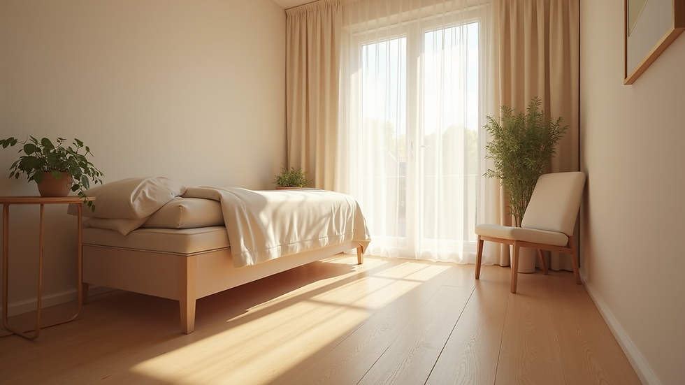 Eye-level view of a calm therapy room with a comfortable chair and soft lighting