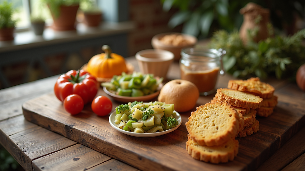 High angle view of a variety of artisanal food products arranged on a wooden table