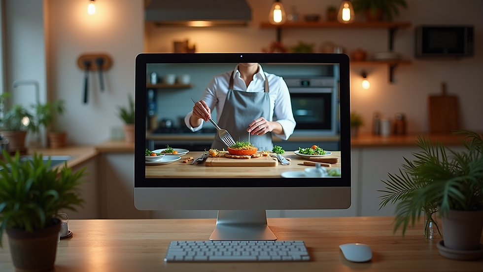 Eye-level view of a computer screen displaying a virtual cooking class
