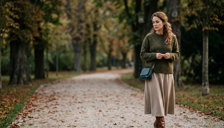 Vue en contre-plongée d’une femme marchant seule sur un chemin bordé de lumière douce
