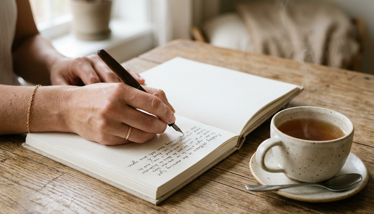 Close-up of hands writing in a journal beside a cup of tea
