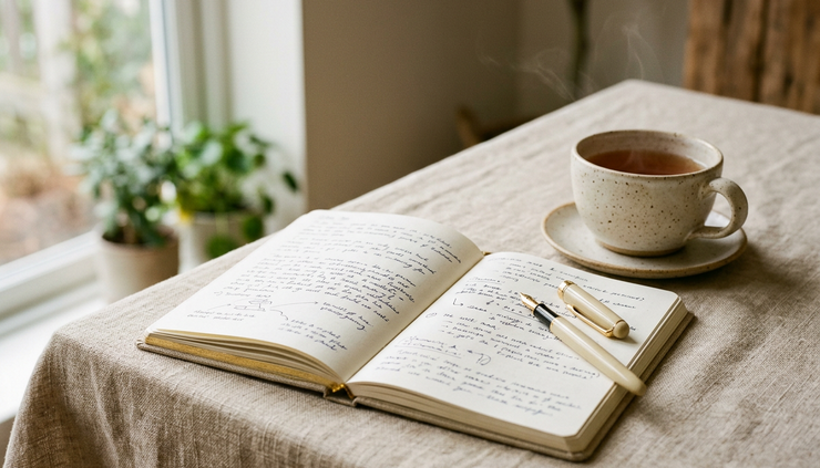 Vue rapprochée d’un carnet ouvert avec une tasse de thé et une lumière douce