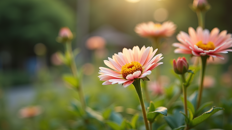 Close-up view of a serene garden with blooming flowers