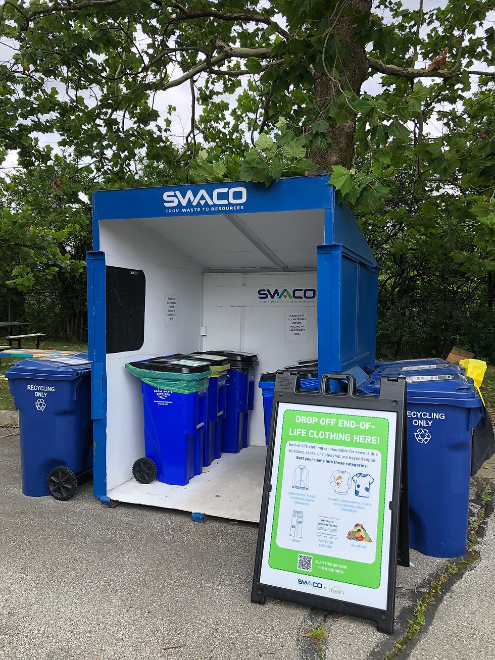 SWACO is written on a large converted dumpster cut in half, and various bins for textile recycling are in and around the drop off location