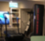 basement workout area in a home, with a treadmill, bookcases, and boxing equipment