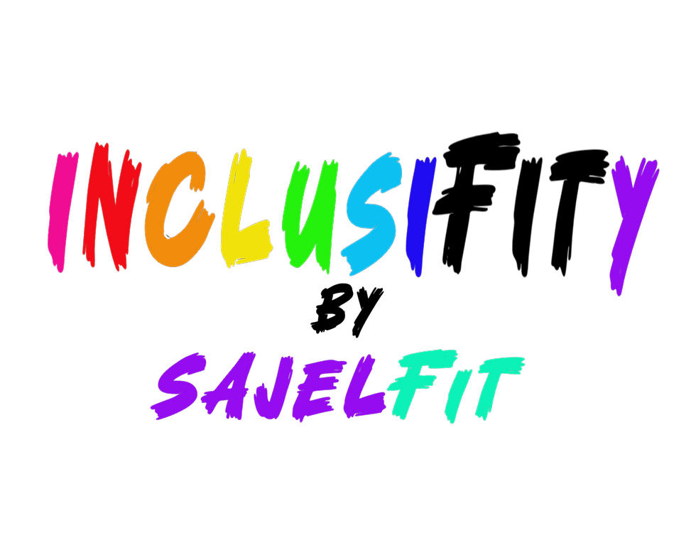 Inclusifity by Sajelfit is written in rainbow colors, the logo for Inclusifity
