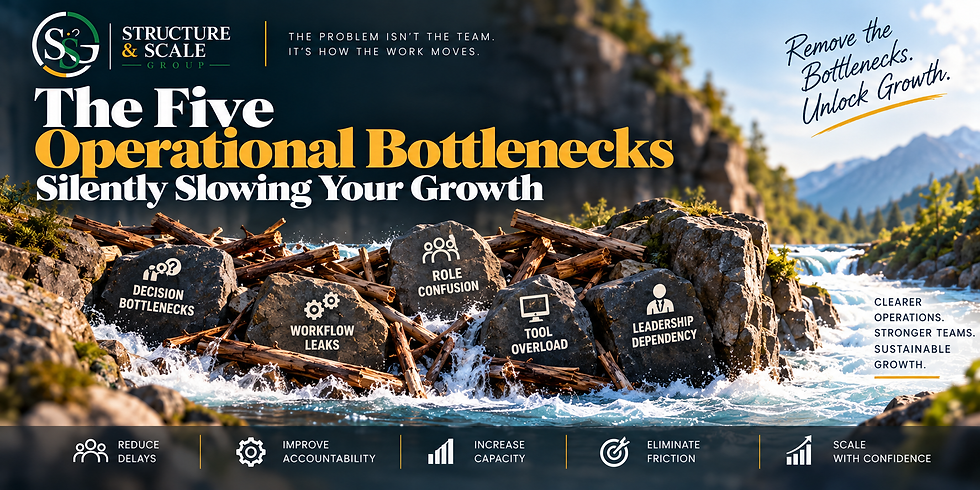 Five operational bottlenecks—decision bottlenecks, workflow leaks, role confusion, tool overload and leadership dependency: blocking the flow of business growth.