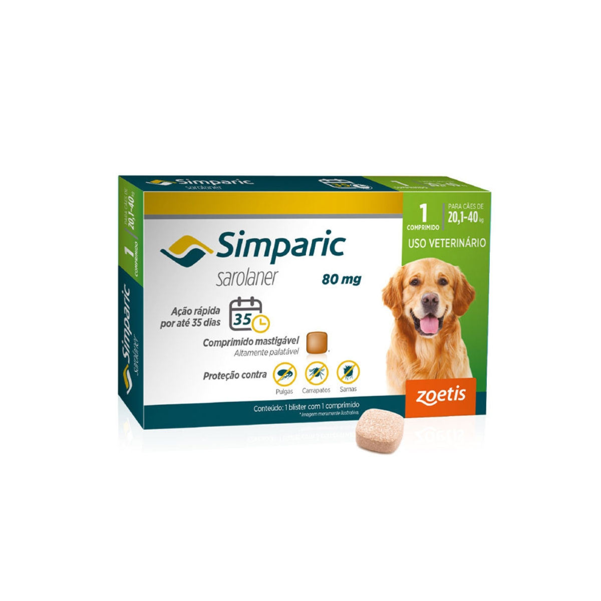 Antipulga Simparic pra Cães com 20,1 kg a 40 kg 1 Comprimido