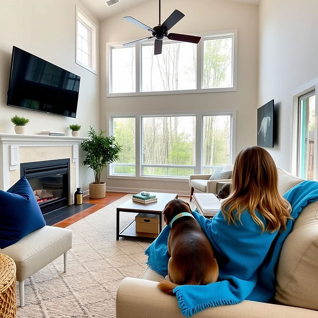 Do a full living room view. Cozy living room, neutral colors with pops of color Navy Blue