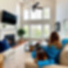 Do a full living room view. Cozy living room, neutral colors with pops of color Navy Blue