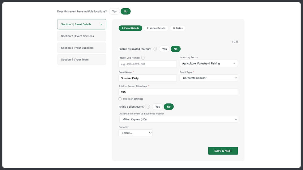 A screenshot of the Scope Carbon Tracking software, creating an event.
