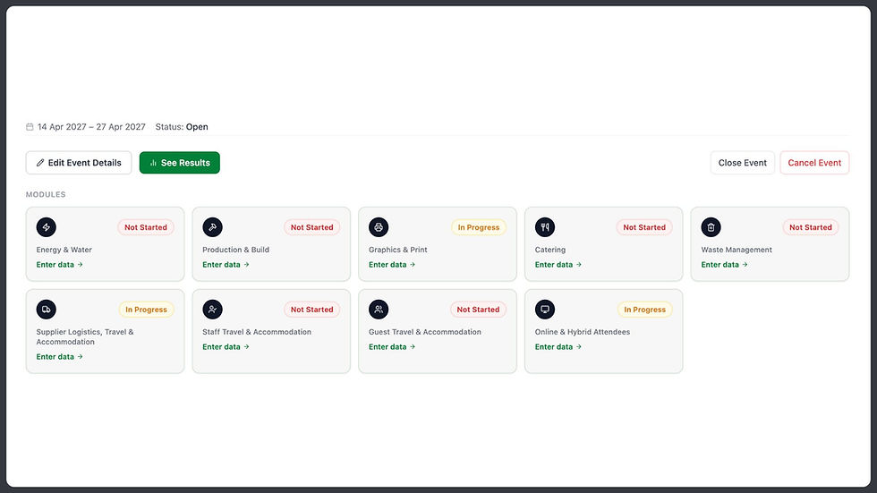 A screenshot of the Scope Carbon Tracking software event modules.