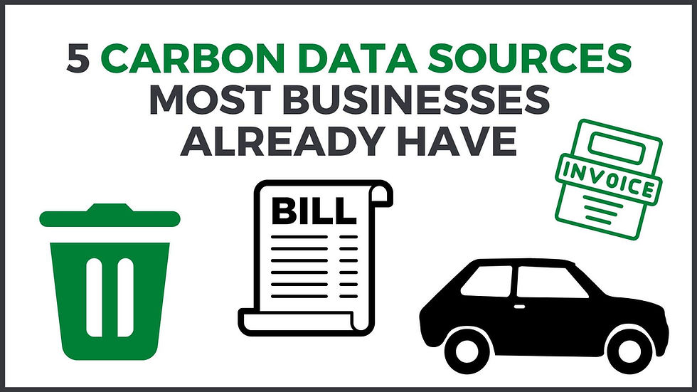 An infographic of 5 carbon data sources most businesses have, showing waste, bills, invoices and a car