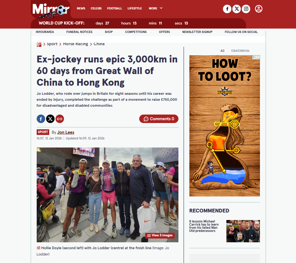 Ex-jockey runs epic 3,000km in 60 days from Great Wall of China to Hong Kong