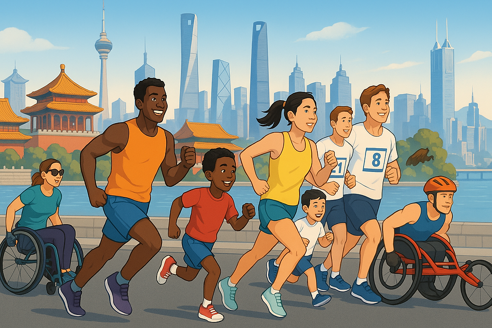 AI vision of abled and disabled runners united on a scenic China trail.