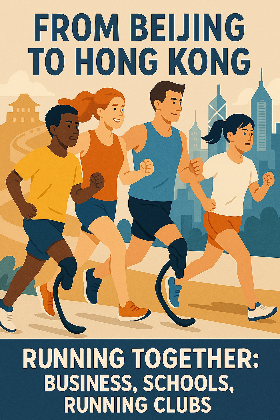 AI-generated abled and disabled runners racing side-by-side, breaking barriers.