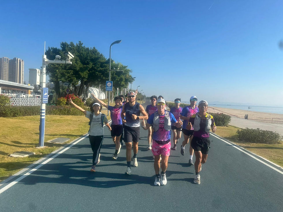 High angle view of a group of runners supporting each other during a marathon