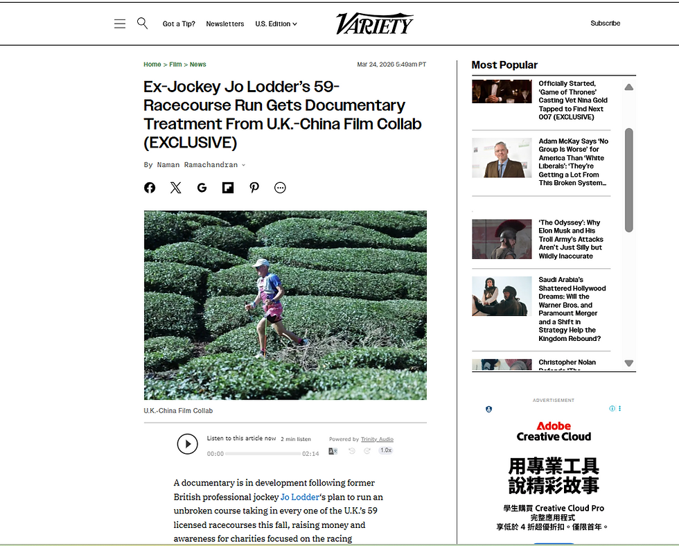 Variety article screenshot announcing the documentary treatment for Resilience Keynote Speaker Jo Lodder and his 59-racecourse run.