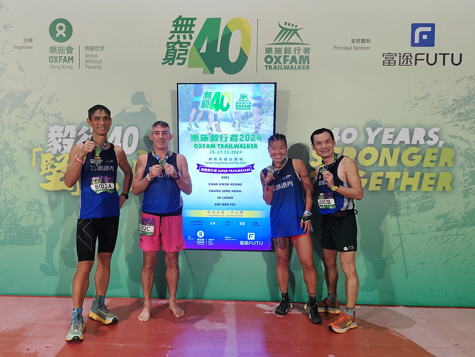 Jo Lodder and his winning Oxfam Trailwalker mixed team celebrating a first-place finish, showcasing Resilience Leadership for High Performance in team sports.