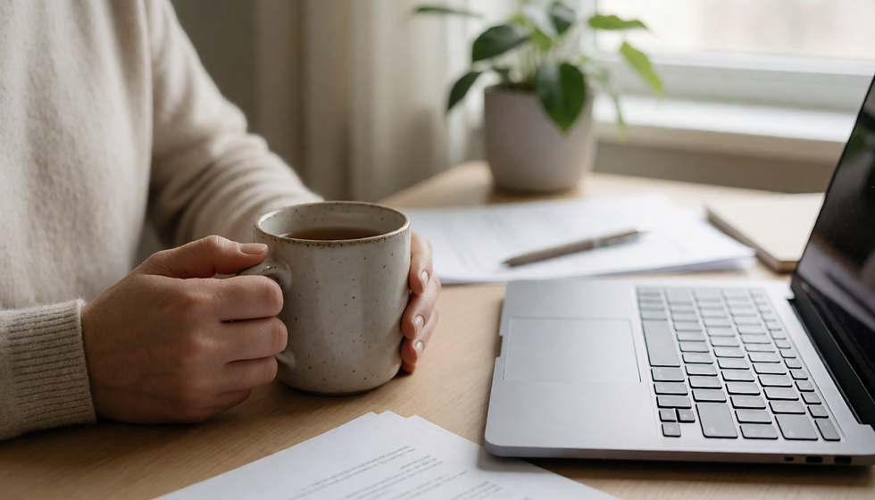 A woman sitting at her desk looking out a window during a quiet moment of pause. The back of her shoulder and hand are visible in soft, natural light. A cup of tea sits on the wooden desk beside her.