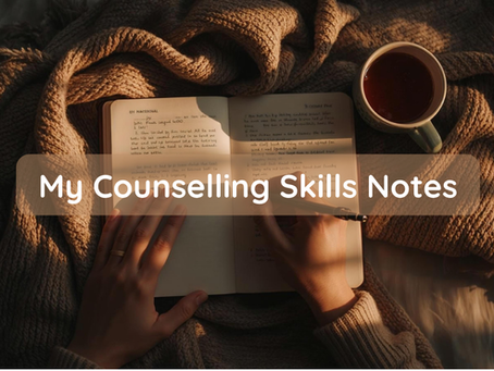 A warm, cozy photograph of a study session with a notebook and tea on a knitted blanket. A semi-transparent text banner across the center reads "My Counselling Skills Notes.