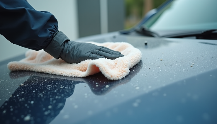 Close-up view of a decontamination towel gliding over a car’s glossy hood