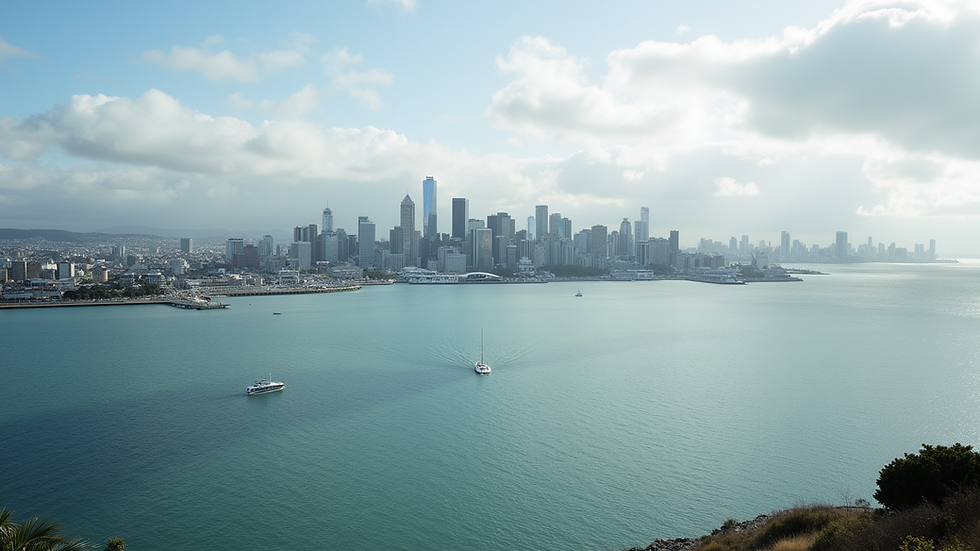 Wide angle view of the Waitematā Harbour with the Auckland skyline