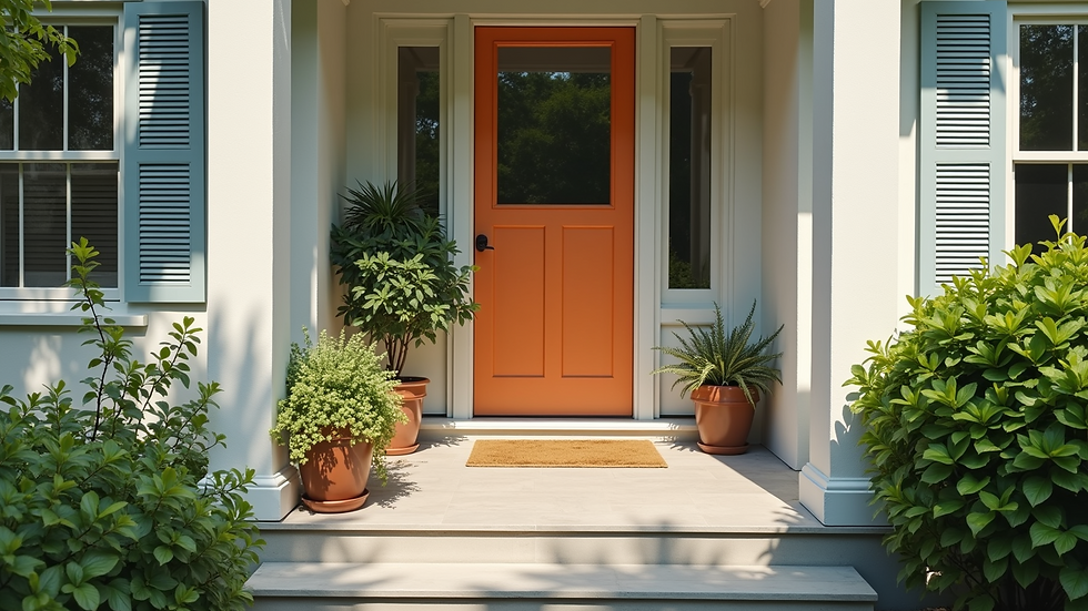 High angle view of a clean and inviting front porch with potted plants and fresh paint