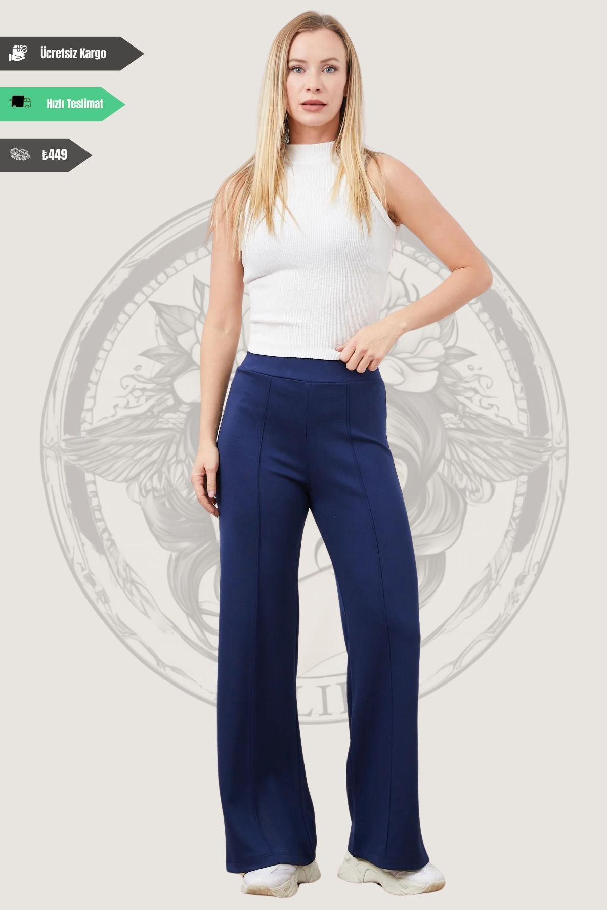 Lacivert Kadın Yüksek Bel Çimalı Bol Paça Pantolon - Esnek Kumaş