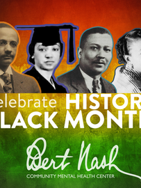 Black & white portraits of Dr. Solomon Carter Fuller, Dr. Inez Beverly Prosser, Dr. Francis Cecil Sumner, Dr. Mamie Phipps Clark on a background of the Pan-African flag. Words say "Celebrate Black History Month."