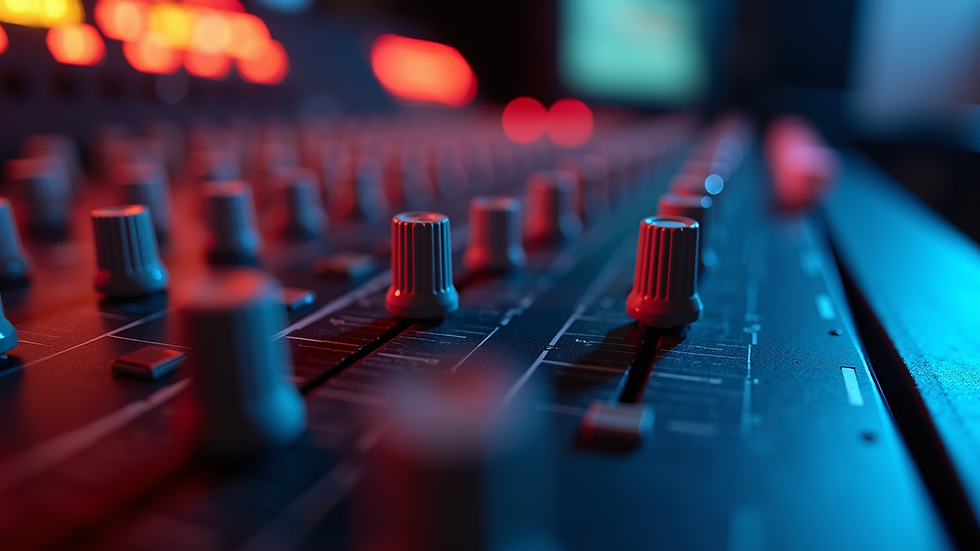 Close-up view of mixing console faders and knobs
