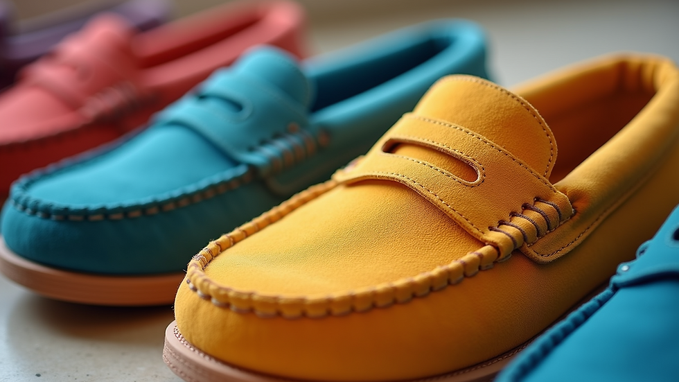 High angle view of colorful comfy shoes aligned neatly