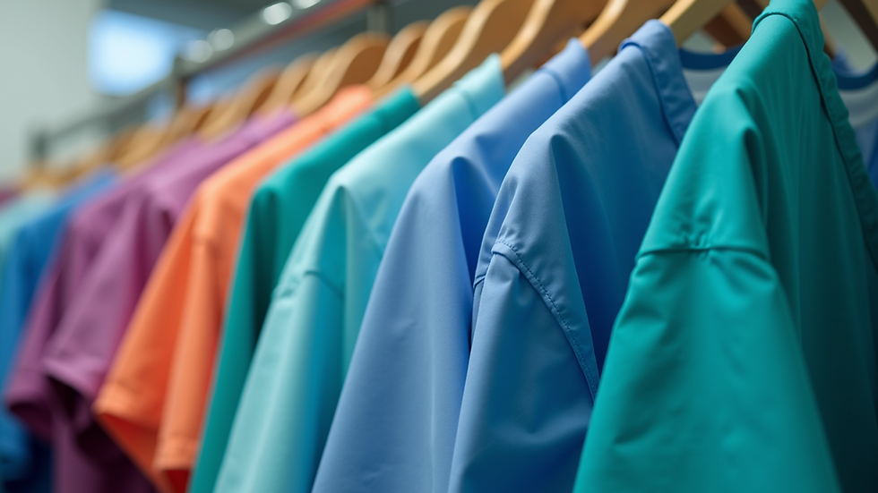 Eye-level view of colorful scrubs hanging on a rack