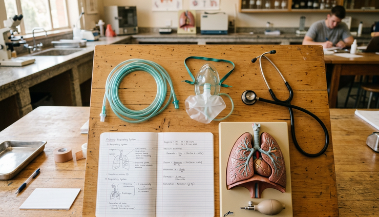 Overhead view of respiratory therapy equipment arranged beside notebooks in a campus lab