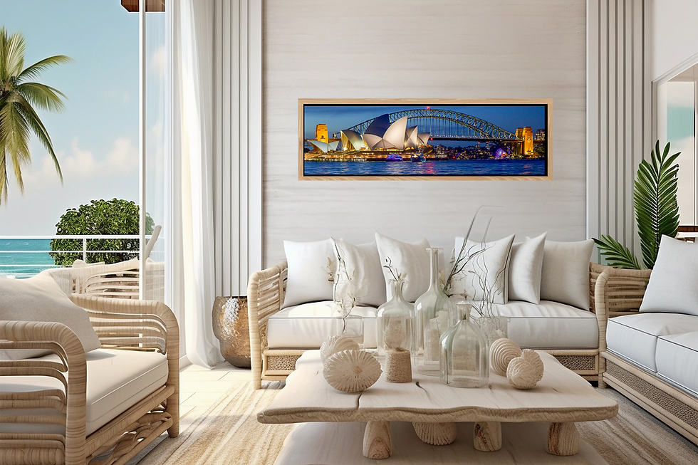 Thumbnail: An oak-framed canvas print of Sydney Harbour after sunset