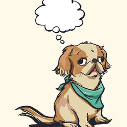 Red and white Japanese Chin cartoon dog with empty thought bubble above his head. He is wearing a green bandana.