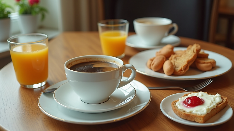 High angle view of a brunch table set with coffee, juice, and breakfast plates