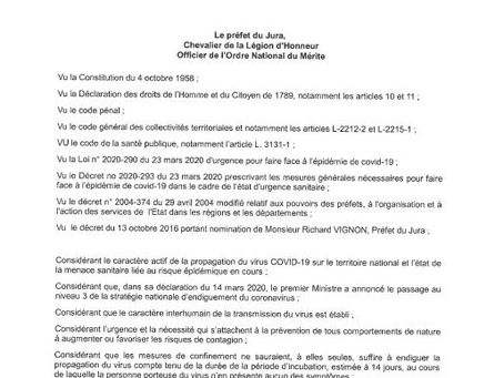 Arrêté préfectoral du Jura du 03 avril 2020... renforcement du confinement...