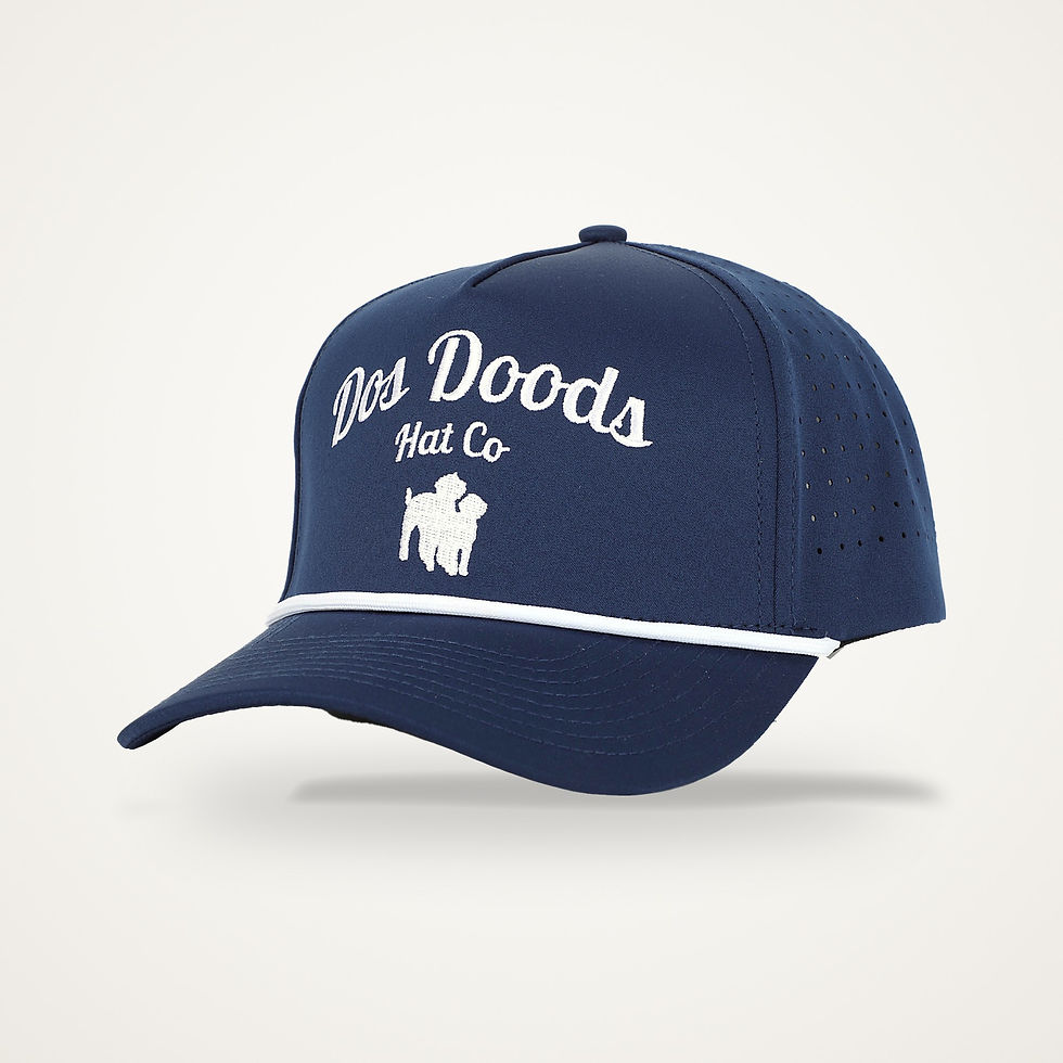 Navy blue Dos Doods Hat Co. rope hat with white rope and dog logo