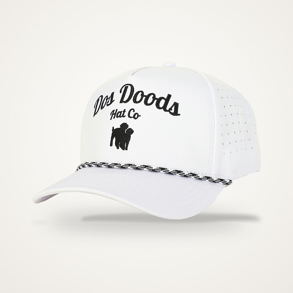 White Dos Doods Hat Co. rope hat with vent holes and black-and-white rope