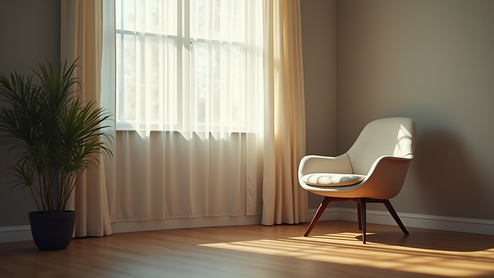 Eye-level view of a quiet counselling room with a comfortable chair and soft lighting