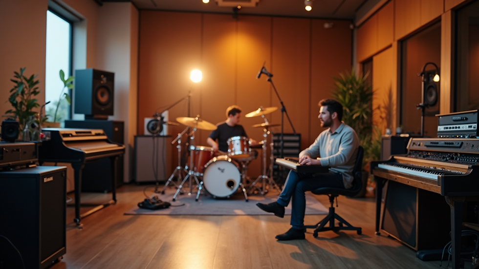 Eye-level view of a modern music studio with instruments